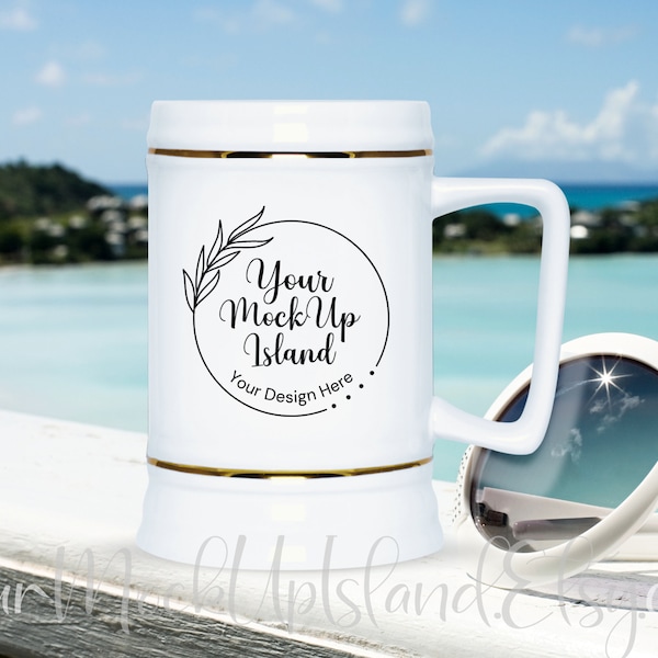 Beer Stein Mock Up, White Ceramic Stein With Gold Accents Bright Mock-Up, Summer Mockup, Modern Groomsman, Gift Mock-Up For Her