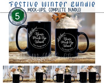 POD Festive Winter Mockup Bundle 11oz i 15oz Czarny Kubek Rozmiary Mockup, PIĘĆ Mockupów, Pusty Kubek, Minimalistyczne Mockupy Na Święta