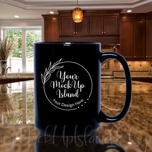 15oz Black Ceramic Coffee Mugs Mock Up On Kitchen Counter, Minimalist Mock-Up, Mug MockUp, Modern Coffee Mug Mock-Up, POD Mug Mock-Up