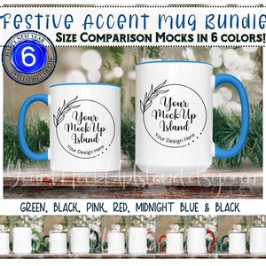 POD Helper, 11oz & 15oz Festive Accent Mugs Mockup Bundle Mugs With Accent Colors Red, Pink, Green, Light Blue, Midnight Blue, Black