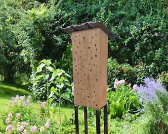 Insektenhotel Eiche Holz Bienenhotel Nisthilfe Garten Balkon Block mit Dach Deko Klotz Wildbiene Insekten Hotel Nistkasten Wildbienenhotel