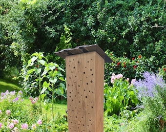 Insektenhotel Eiche Holz Bienenhotel Nisthilfe Garten Balkon Block mit Dach Deko Klotz Wildbiene Insekten Hotel Nistkasten Wildbienenhotel