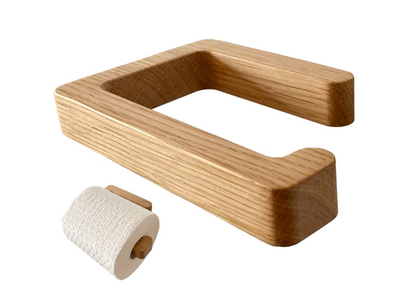 Toilettenpapierhalter Eiche ohne Bohren Holz eckig modern nachhaltig Design kleben massiv Klorollenhalter Halterung Klopapier Rolle WC Deko Bild 1