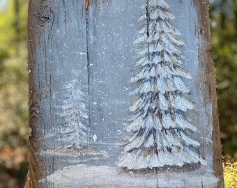 Winter Woods Acrylic Painting on Barn Wood - Country Wall Art - Rustic Snowy Forest - Pine Tree Decor -