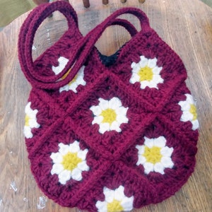 Crocheted Granny Square Bag - Burgundy and Daisies
