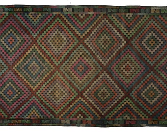 11,7 ft x 2,8 ft Oushak Türkischer Vintage Kelim Teppich Anatolischer Handgefertigter Boho Dekor, Braun, Schlafzimmer, Großer Teppich, Orientteppich, Handgefertigter Teppich, Bohorug