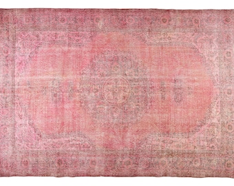 10.4 ft X 7.0 ft Oushak Turkish Overdyed Area Rug Anatolian Handmade Boho Decor Pink,Large rug,Oriental rug,Handknotted,Boho rug