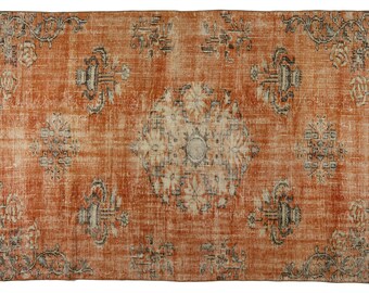 8.6 ft X 5.6 ft Oushak Turkish Vintage Rug Anatolian Handmade Boho Decor,Orange Blue Floral,Bedroom rug,Large,Oriental rug,Handmade,Boho rug