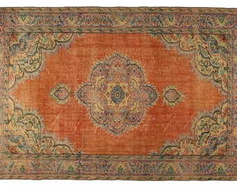 9.2 ft X 5.9 ft Oushak Turkish Vintage Rug Anatolian Handmade Boho Decor,Orange with Pattern Bedroom rug,Large,Oriental rug,Handmade rug,