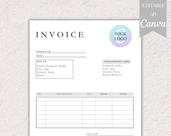 Invoice Editable Template, Custom Pdf Printable Form, Invoice Form, Modern Invoice, Instant Download, Simple Editable Invoice Template.
