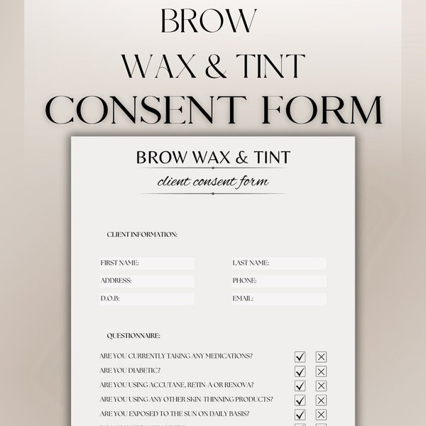 Brow Wax and Tint Consultation Form Professional Brow Wax Tint Consent Instant Download PDF Editable Template.