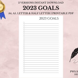 May include: Printable 2023 goals checklist with a black feather pen illustration and the text "PWS Studio Design".