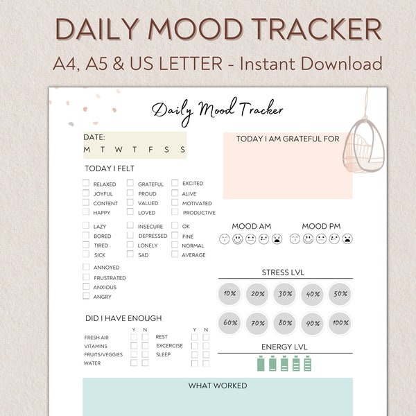 Daily Mood Tracker, Printable Mood Track, Emotion tracker, Mood Journal, Mental health tracker, Anxiety Tracker, A4 A5 Letter PDF