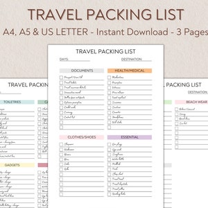 May include: A printable travel packing list with three pages. The list is divided into categories such as toiletries, clothes, shoes, documents, health, medical, essentials, and beach wear. The list is designed to help travelers pack for their trips.