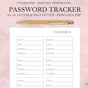 Password Tracker printable end editable, Password Organizer and Keeper, A4 A5 Letter Half, PDF