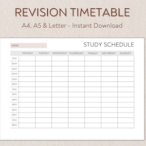 Revision Timetable Printable Set , Study Schedule, Weekly Timetable, Hourly Agenda | A4, A5  & Letter sizes PDF
