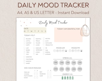 Daily Mood Tracker Printable — Editable PDF, A4 A5 Letter | Mental Health & Anxiety Journal