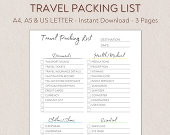 Editable Travel Packing List, Travel Checklist Printable, Travel Planner, Travel Organizer, Travel Vacation Planner, A4 A5 US Letter PDF