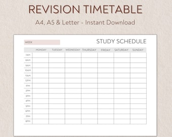 Revision Timetable Printable Set , Study Schedule, Weekly Timetable, Hourly Agenda | A4, A5  & Letter sizes PDF