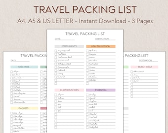 Editable Travel Packing List, Travel Checklist Printable, Travel Planner, Travel Organizer, Travel Vacation Planner, A4 A5 US Letter PDF