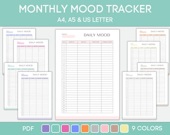 May include: A set of nine printable monthly mood trackers in different colors. Each tracker has a daily mood log with columns for wake up time, midday, night time, and overall mood. The trackers are available in A4, A5, and US Letter sizes.