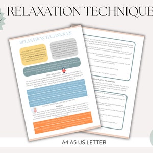 May include: A printable worksheet with relaxation techniques, including deep breathing, progressive muscle relaxation, and imagery. The worksheet is in a light blue and orange color scheme with the text "Relaxation Techniques" in a large, bold font.