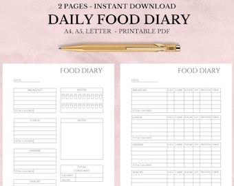 Diario de comidas imprimible y editable, diario de comidas, registro de calorías minimalista, conteo de calorías, tamaño carta A4 A5 PDF