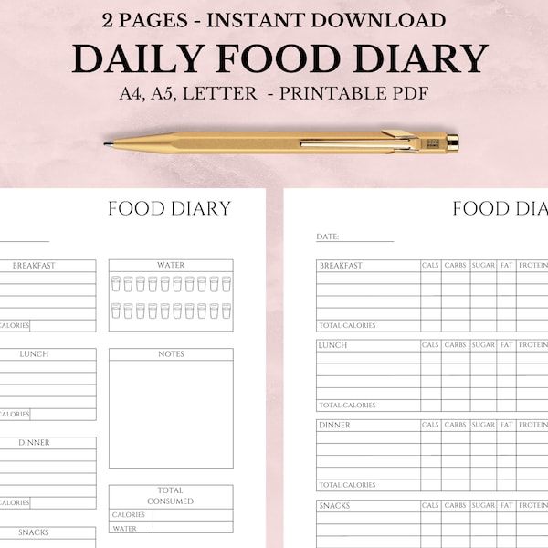 Daily Food Diary Printable and Editable, Food Journal, Minimalist Calorie Tracker, Calorie Counting, A4 A5 Letter PDF