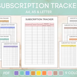 May include: Printable subscription tracker in nine different colours. The tracker includes columns for subscription name, amount, due date, and frequency. The text "A4, A5 & Letter" and "PDF" are also included in the image.