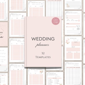 May include: A pink and white wedding planner with 32 templates. The cover features the text "Wedding Planner" and "32 Templates". The pages include checklists, budgets, and other wedding planning tools.