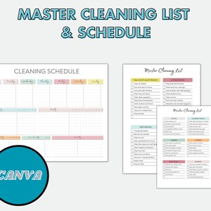 K&ouml;nnte beinhalten: Ein druckbarer Reinigungsplan und eine Checkliste mit einem farbenfrohen Design. Der Plan umfasst t&auml;gliche, w&ouml;chentliche und monatliche Aufgaben. Die Checkliste enth&auml;lt Aufgaben f&uuml;r verschiedene R&auml;ume im Haus, wie z. B. Wohnzimmer, Badezimmer, K&uuml;che und Schlafzimmer.