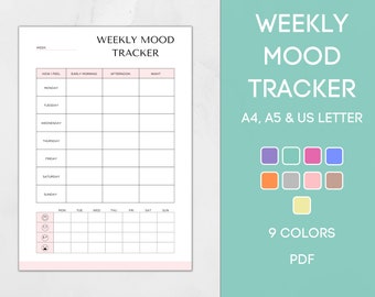 Printable Weekly Mood Tracker, Printable Mood Track, Emotion Log, Mood Journal, Mental health tracker, Anxiety Tracker, A4 A5 Letter PDF