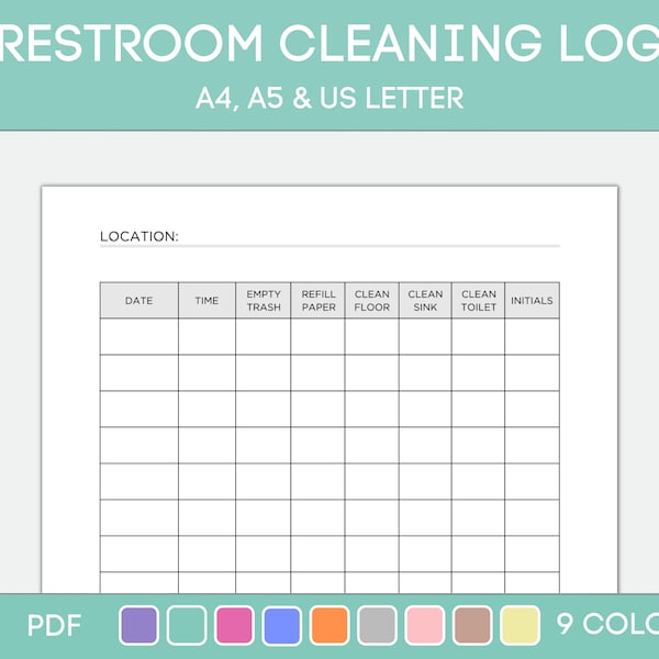 Printable Restroom Cleaning, Editable Cleaning Log,  Bathroom Cleaning Log, Bathroom Checklist, Restroom Checklist, Cleaning Checklist, PDF