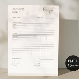 Receipt Template Editable and Printable Receipt Form Small Business Worksheet Invoice Order Job Estimate Billing Template