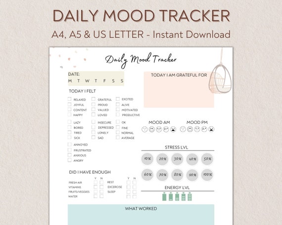 Daily Mood Tracker, Printable Mood Track, Emotion tracker, Mood Journal, Mental health tracker, Anxiety Tracker, A4 A5 Letter PDF