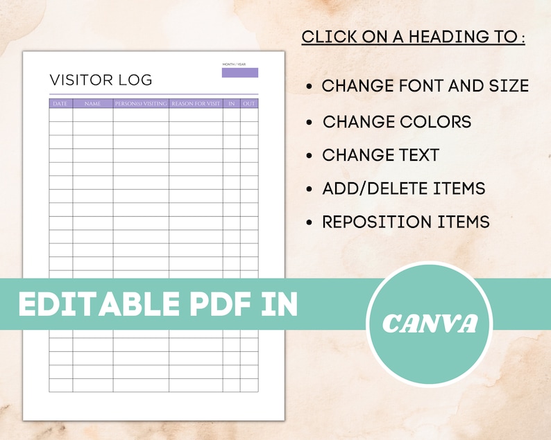 Printable Visitor Log, Visitor Log Sheet, Visitor Logbook, Visitor ...