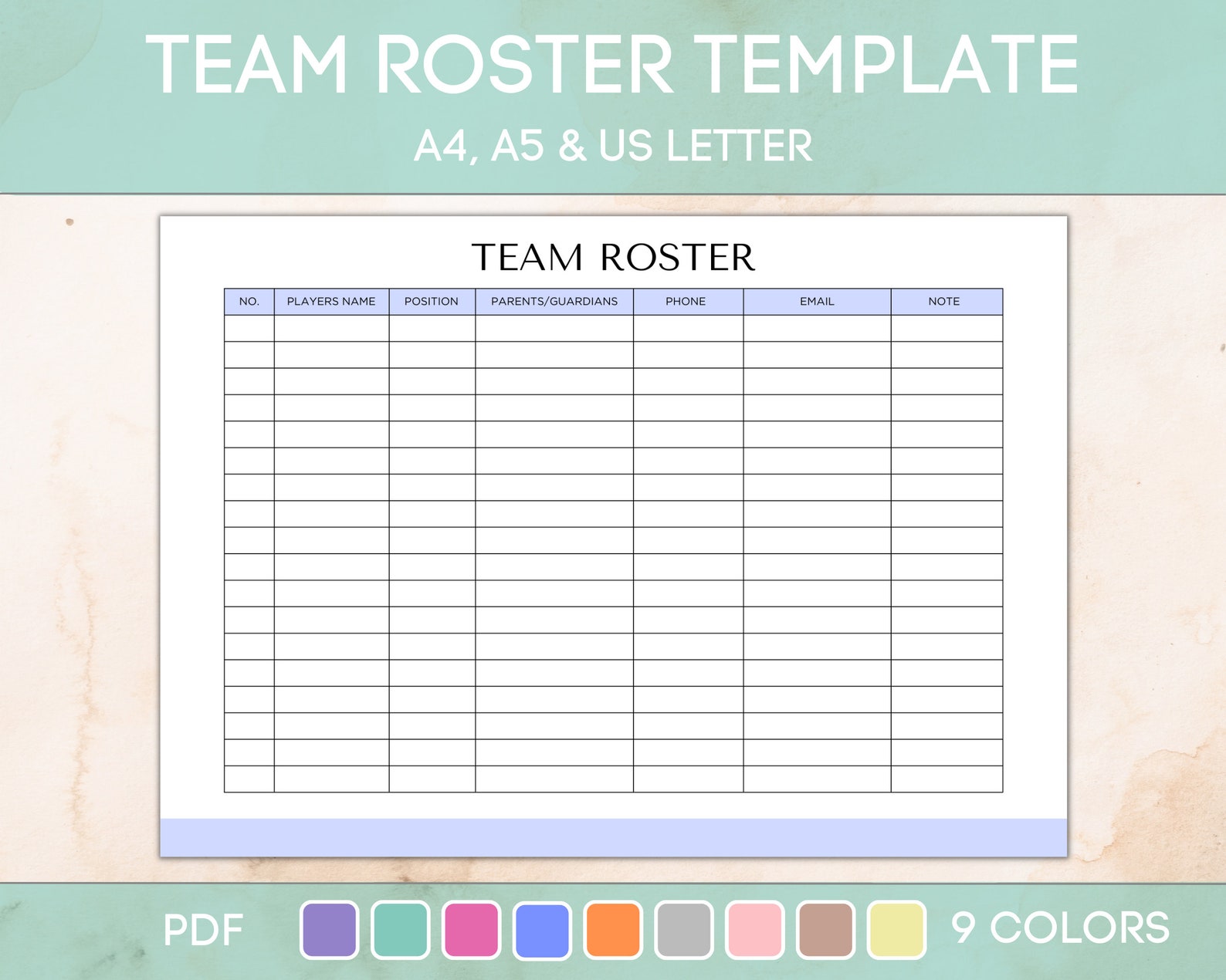 Team Roster Printable, Editable Sports Roster, Printable Soccer Team Team Roster Printable, Editable Sports Roster, Printable Soccer Team