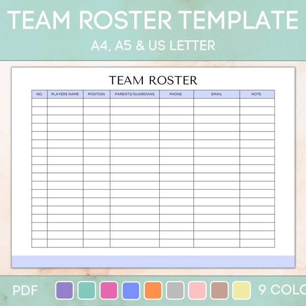 Team Roster Printable, Editable Sports Roster, Printable Soccer Team Roster, Softball Roster, Football Roster, PDF Instant Download