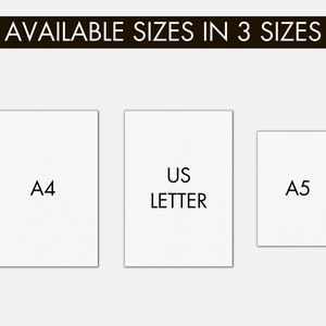 K&ouml;nnte beinhalten: Drei wei&szlig;e Papierrechtecke mit schwarzem Text, die die verf&uuml;gbaren Gr&ouml;&szlig;en f&uuml;r einen Druck zeigen: A4, US Letter und A5.