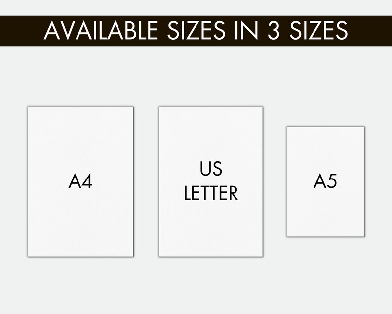 K&ouml;nnte beinhalten: Drei wei&szlig;e Papierrechtecke mit schwarzem Text, die die verf&uuml;gbaren Gr&ouml;&szlig;en f&uuml;r einen Druck zeigen: A4, US Letter und A5.