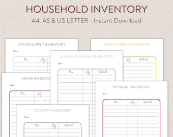 Household Inventory, Household List,Toiletry Inventory,Medication Inventory,Office Inventory,Craft Inventory, Home Inventory, PDF