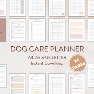Può includere: Un planner per la cura del cane stampabile con 24 pagine in formato A4, A5 e US Letter. Il planner include sezioni per appuntamenti dal veterinario, orari di alimentazione, addestramento e altro ancora. La copertina presenta un design rosa e marrone con il testo "Dog Care Planner" e "fwend!"