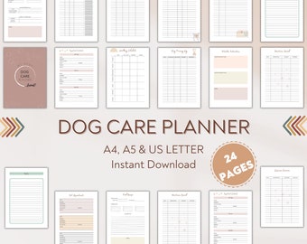 May include: A printable dog care planner with 24 pages in A4, A5, and US Letter sizes. The planner includes sections for vet appointments, feeding schedules, training, and more. The cover features a pink and brown design with the text "Dog Care Planner" and "fwend!"