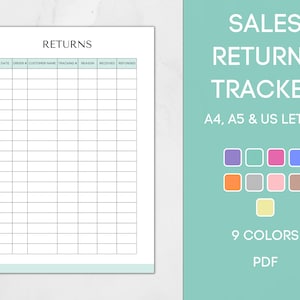 Puede incluir: Un rastreador de devoluciones de ventas imprimible en formato PDF. El rastreador tiene columnas para la fecha, el número de pedido, el nombre del cliente, el número de seguimiento, la razón, la recepción y el reembolso. El rastreador está disponible en 9 colores: morado, azul, rosa, azul claro, naranja, gris, rosa claro, marrón y amarillo.