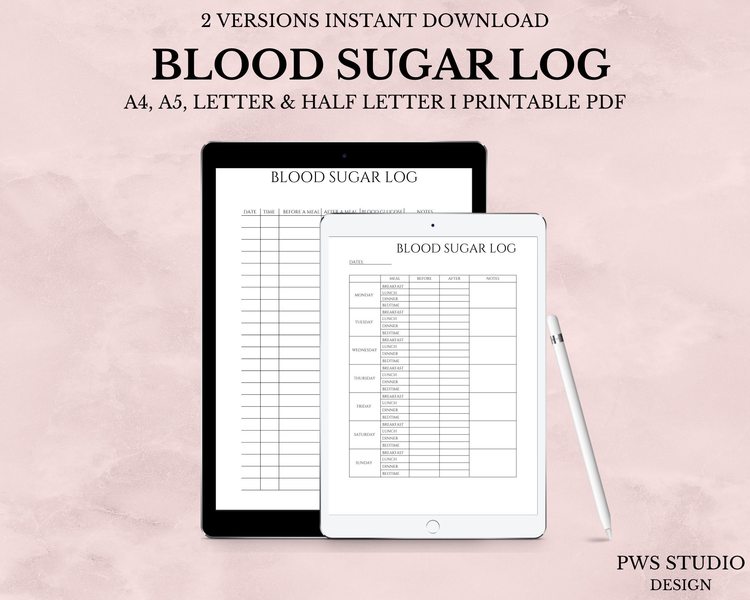 Printable Blood Sugar Log, Blood Glucose Journal, Diabetic Log, Blood ...