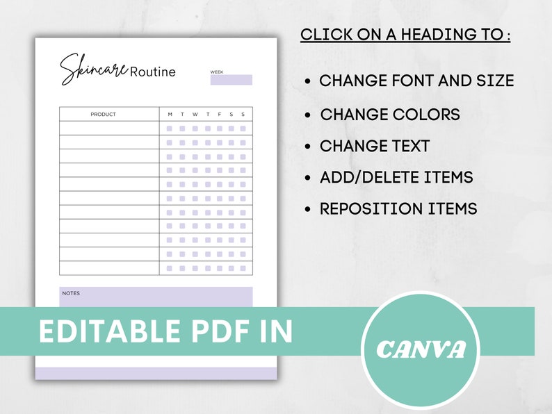 Printable skincare routine template editable self care tracker beauty