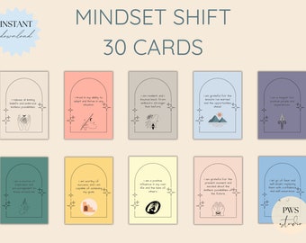 Pode incluir: Um conjunto de 30 cartas de afirmação com um esquema de cores pastel e ilustrações. As cartas apresentam afirmações positivas como "Libero todas as crenças limitantes e abraço possibilidades ilimitadas" e "Sou grato pelas lições que aprendi e pelas oportunidades que se avizinham".