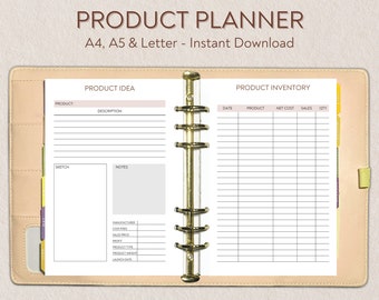 May include: A printable product planner with sections for product ideas, inventory, and notes. The planner is designed for A4, A5, and Letter sizes.