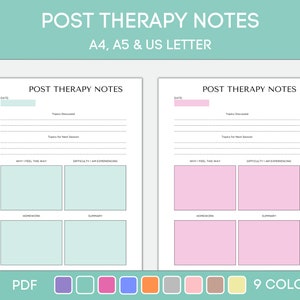 May include: Two printable PDF pages for post therapy notes. The left page is light blue and the right page is light pink. Each page has sections for date, topics discussed, topics for next session, why I feel this way, difficulty I am experiencing, homework, and summary.