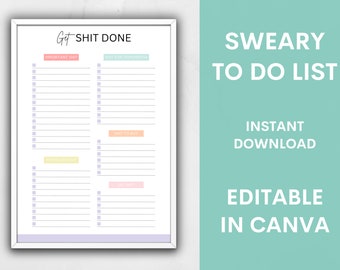 Sweary To Do List Editable and Printable, Shit To Do Template, Daily Planner, Instant Download, PDF